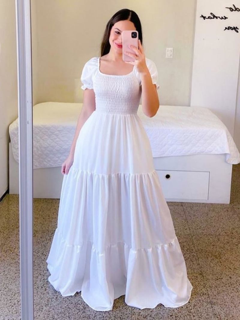 Vestido Feminino Evasê Com Mangas Curtas Babados Em Camadas Vestidos Maxi Verão - Branco