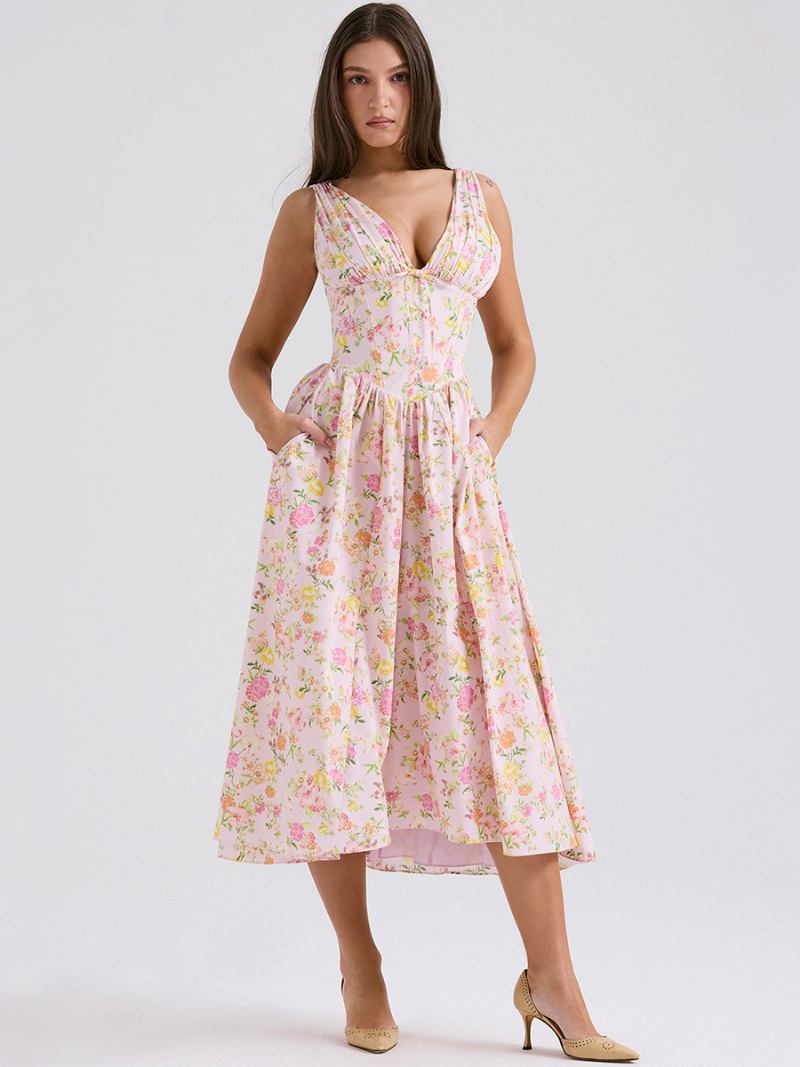 Vestido Feminino Evasê Floral Com Decote Em V Cintura Império Plissado Festa Baile Vestidos Midi - Rosa