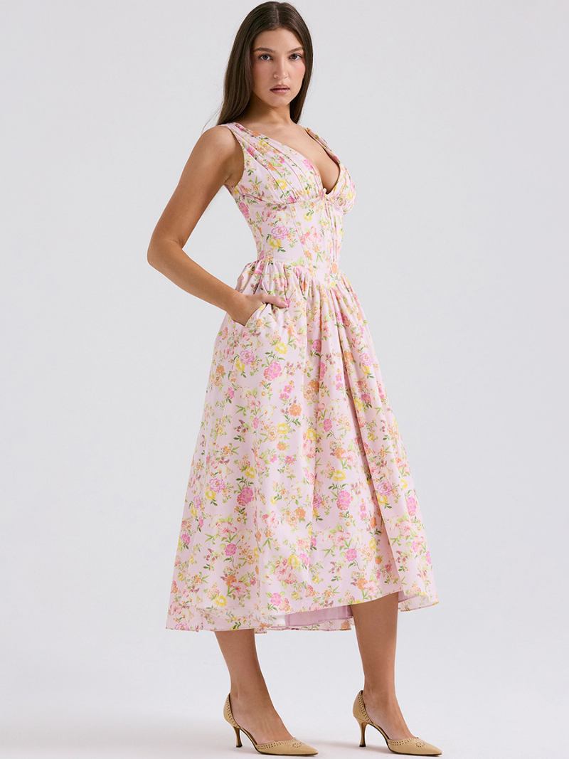 Vestido Feminino Evasê Floral Com Decote Em V Cintura Império Plissado Festa Baile Vestidos Midi - Rosa