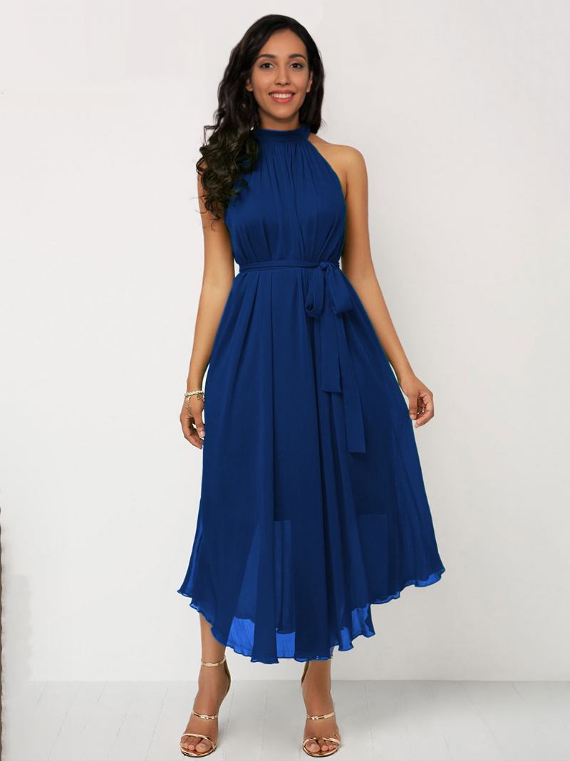 Vestido Feminino Irregular Frente Única Sem Mangas Com Cinto Midi Baile Em Cor Sólida - Azul