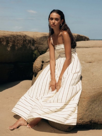 Vestido Feminino Verão Com Alças No Pescoço E Listras Cortadas Sem Costas Damasco Longo Praia