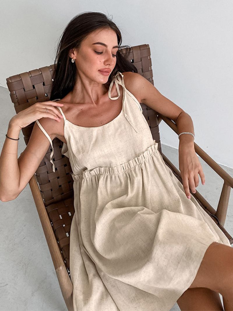 Vestido Feminino Verão Com Alças No Pescoço E Renda Curto Branco Grandes Dimensões Para Praia - Bege