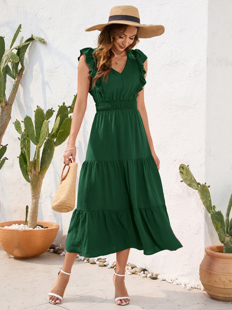 Vestido Feminino Verão Com Babados Em Camadas Sem Mangas Cintura Elástica Plissado Vestidos Midi Casuais - Verde