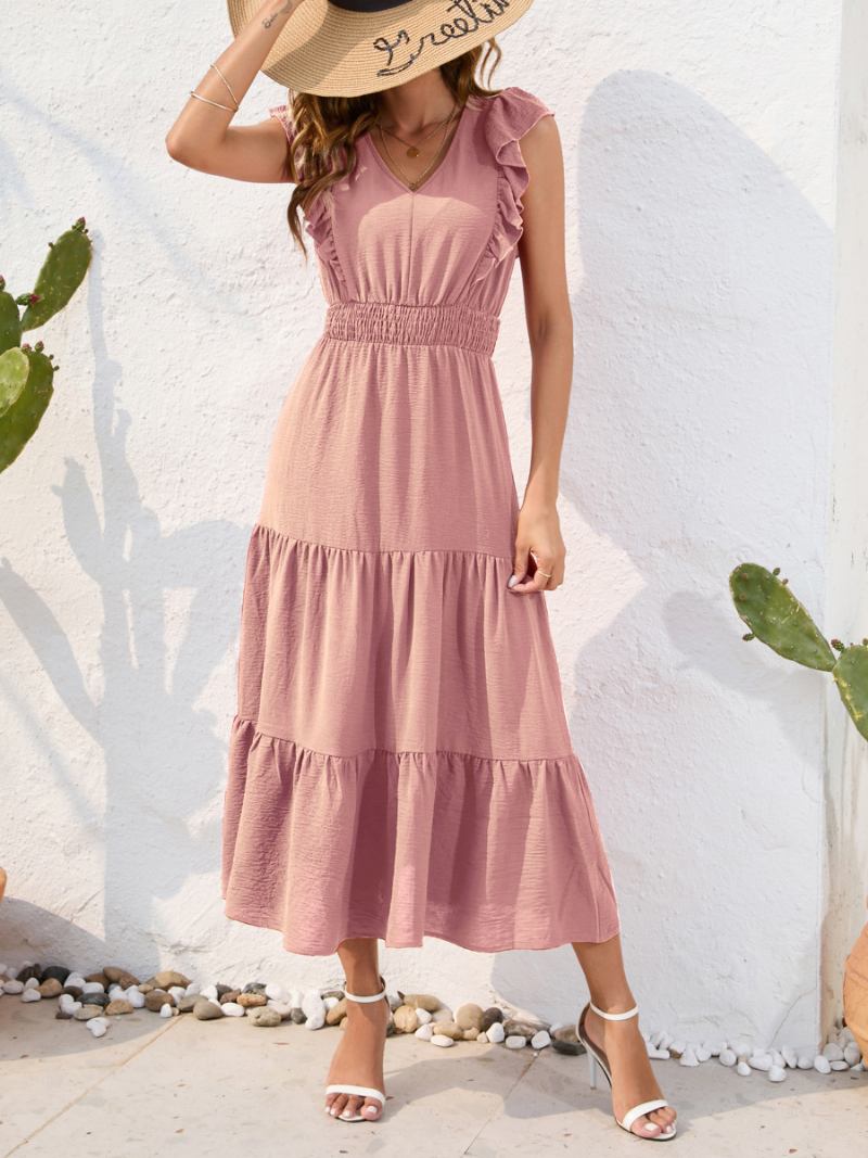 Vestido Feminino Verão Com Babados Em Camadas Sem Mangas Cintura Elástica Plissado Vestidos Midi Casuais - Rosa