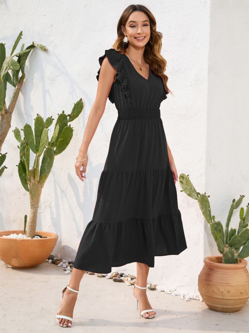 Vestido Feminino Verão Com Babados Em Camadas Sem Mangas Cintura Elástica Plissado Vestidos Midi Casuais - Preto