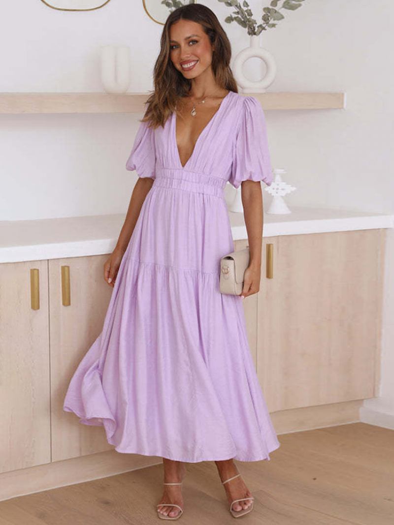 Vestido Feminino Verão Com Decote Em V Mangas Curtas Cintura Elástica Vestidos Maxi Linha A - Roxo