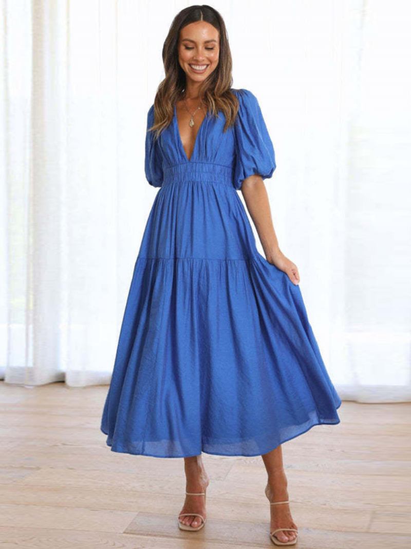 Vestido Feminino Verão Com Decote Em V Mangas Curtas Cintura Elástica Vestidos Maxi Linha A - Azul