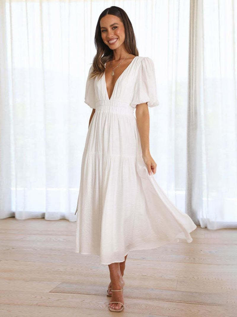 Vestido Feminino Verão Com Decote Em V Mangas Curtas Cintura Elástica Vestidos Maxi Linha A - Branco