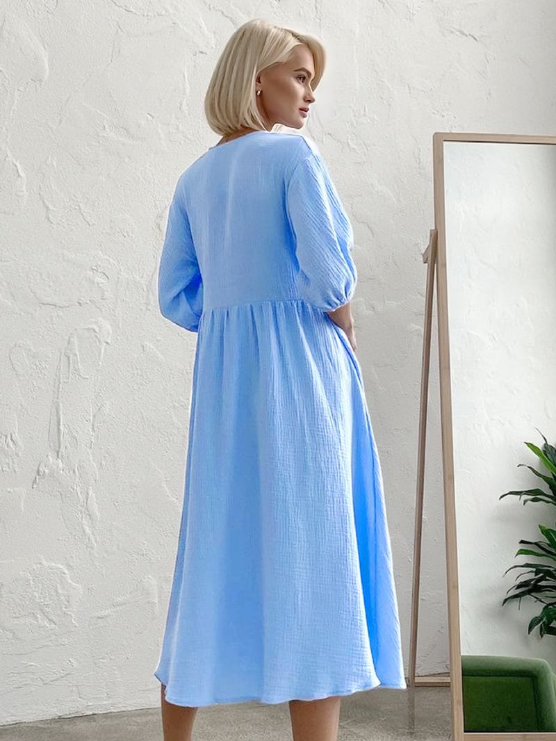 Vestido Feminino Verão Com Decote Em V Renda Oversized Azul Céu Claro Longo Praia