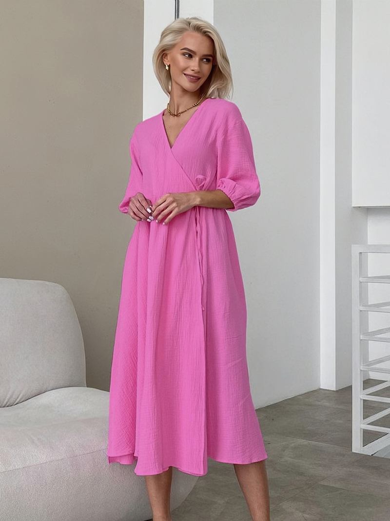 Vestido Feminino Verão Com Decote Em V Renda Oversized Azul Céu Claro Longo Praia - Rosa