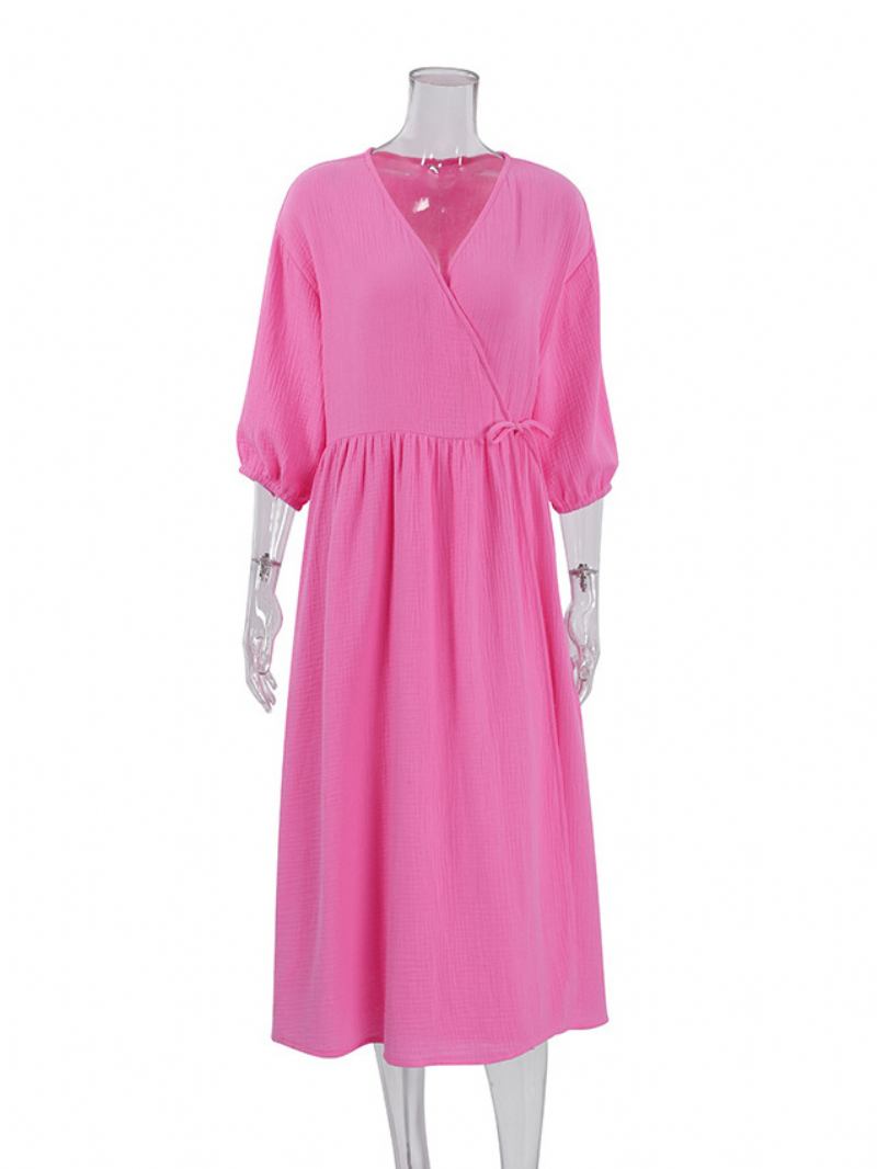 Vestido Feminino Verão Com Decote Em V Renda Oversized Azul Céu Claro Longo Praia - Rosa