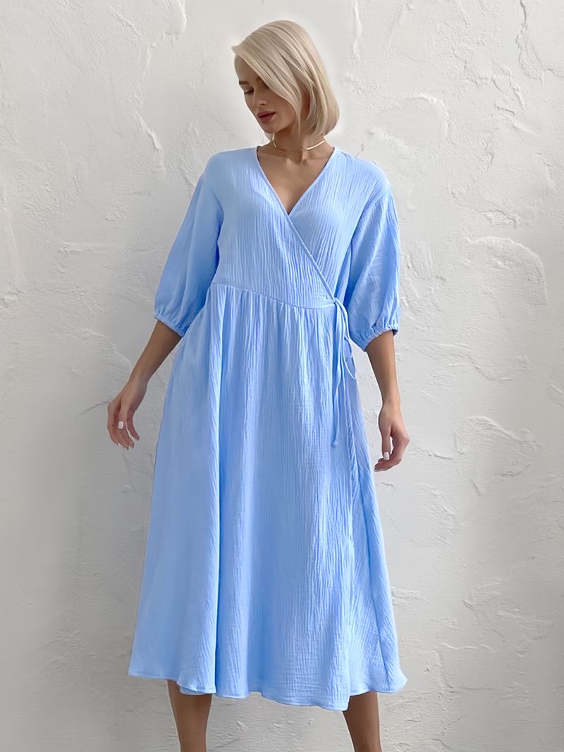 Vestido Feminino Verão Com Decote Em V Renda Oversized Azul Céu Claro Longo Praia - Azul Céu Claro