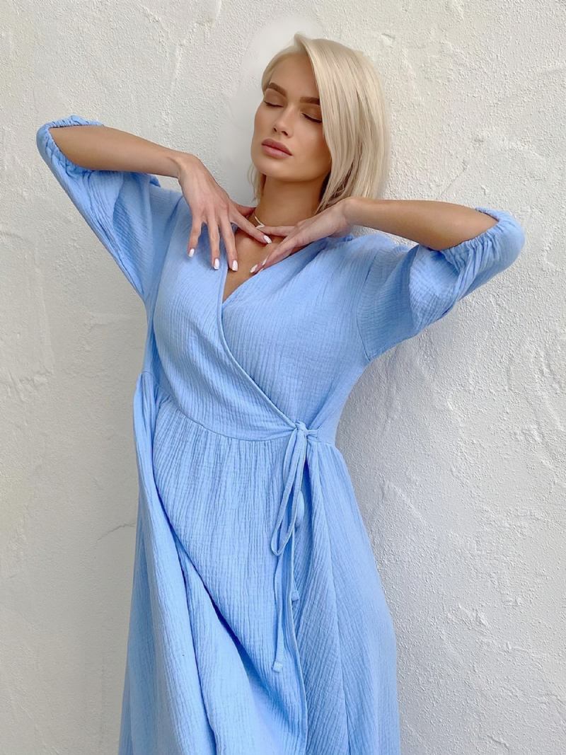 Vestido Feminino Verão Com Decote Em V Renda Oversized Azul Céu Claro Longo Praia - Azul Céu Claro