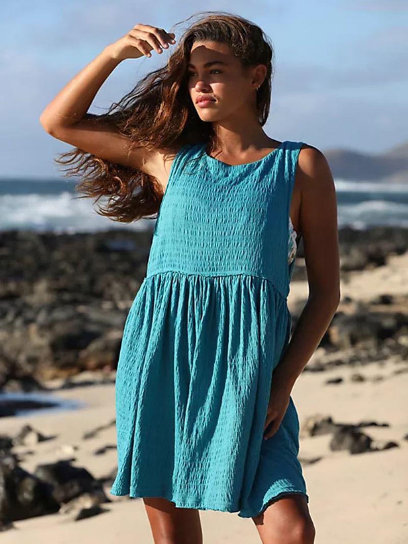 Vestido Feminino Verão Com Gola Joia Plissado Grande Praia Curto Azul Ciano