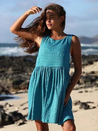 Vestido Feminino Verão Com Gola Joia Plissado Grande Praia Curto Azul Ciano