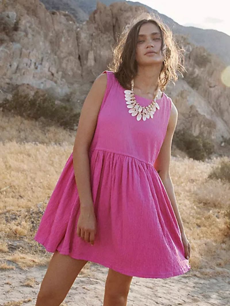 Vestido Feminino Verão Com Gola Joia Plissado Grande Praia Curto Azul Ciano -  Rosa 