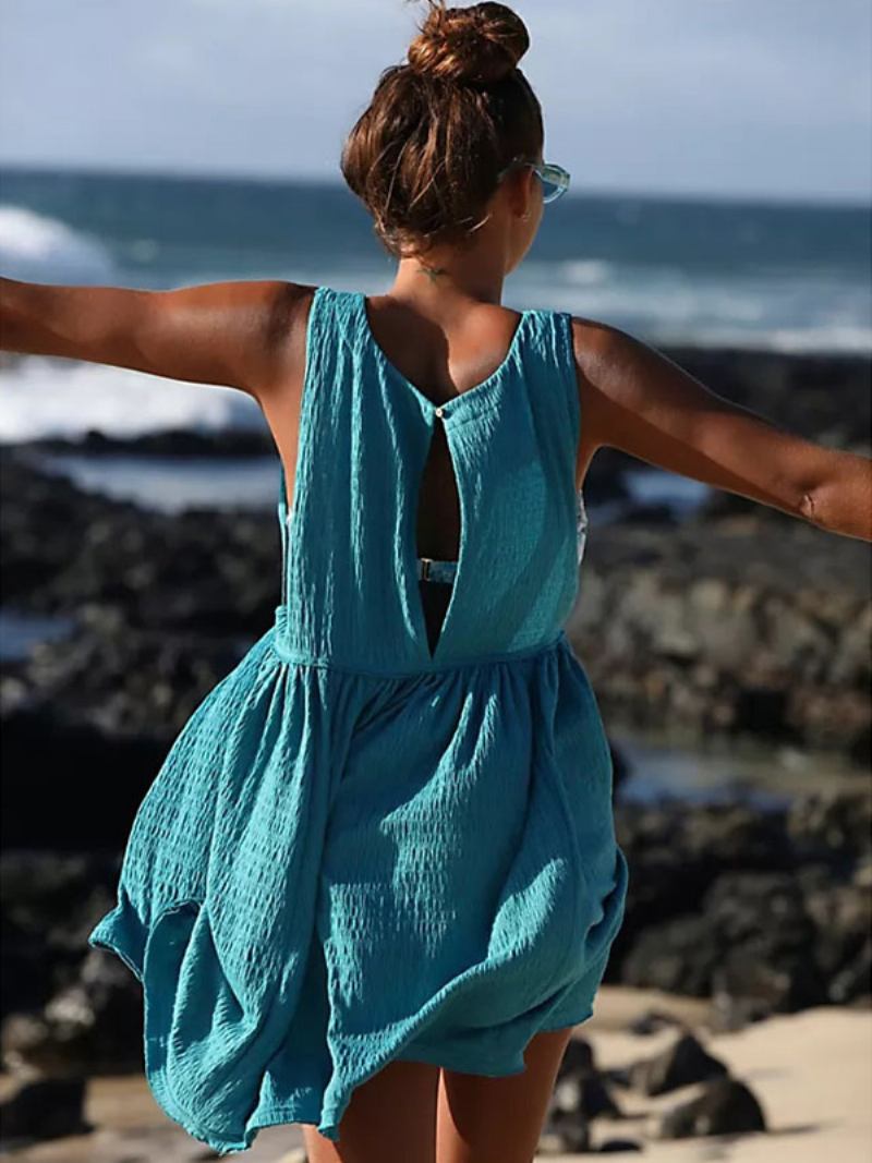 Vestido Feminino Verão Com Gola Joia Plissado Grande Praia Curto Azul Ciano -  Azul Ciano