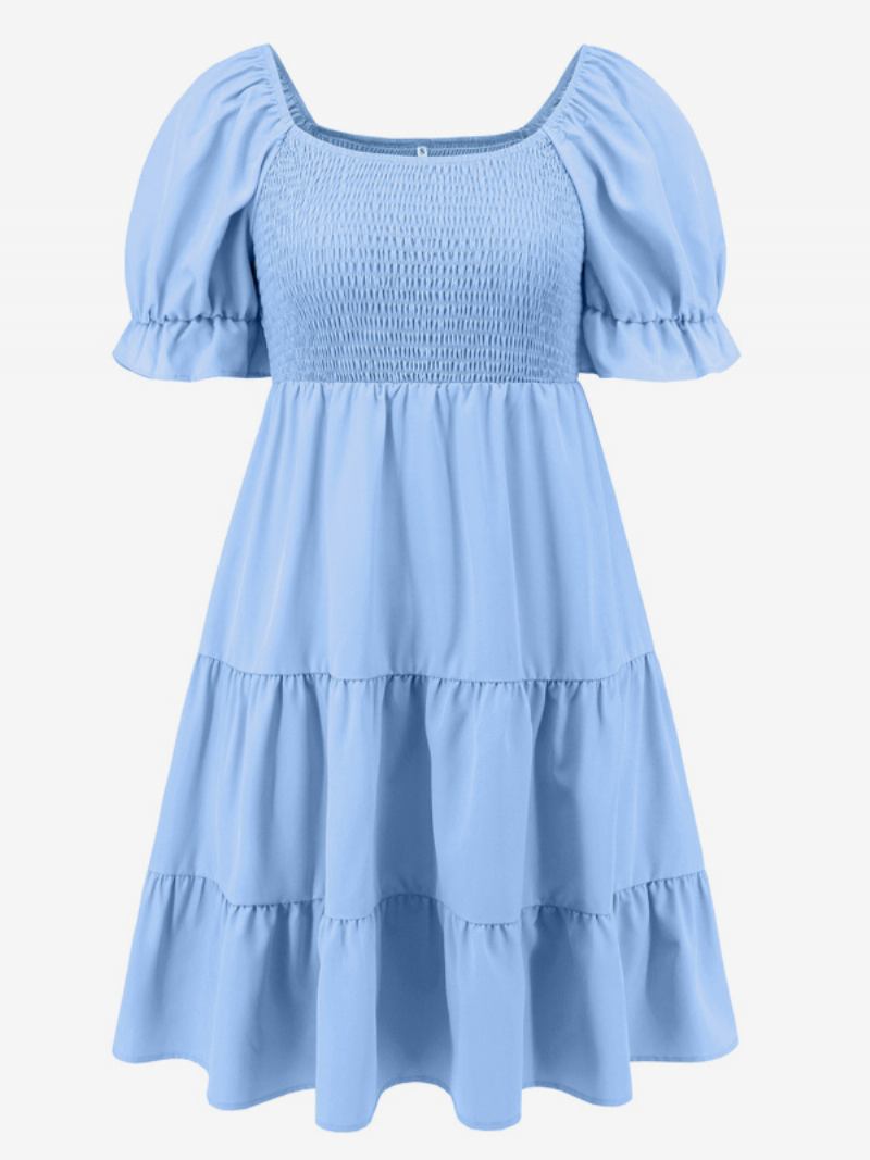 Vestido Feminino Verão Mini Vestidos Azul Céu Claro Gola Bateau Praia Plissado Poliéster - Azul Céu Claro