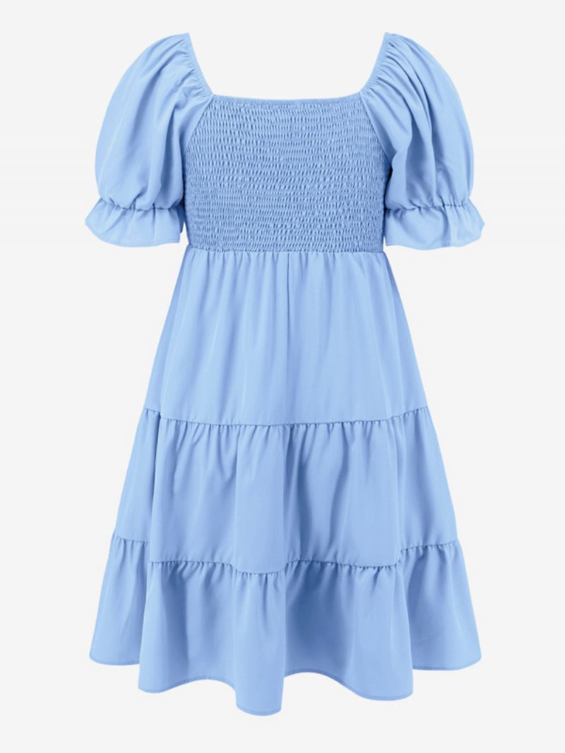 Vestido Feminino Verão Mini Vestidos Azul Céu Claro Gola Bateau Praia Plissado Poliéster - Azul Céu Claro