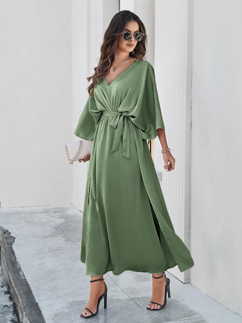 Vestido Festa Feminino Com Costas Em V E Cinto Três Quartos Fenda Elegante Vestidos Maxi - Verde