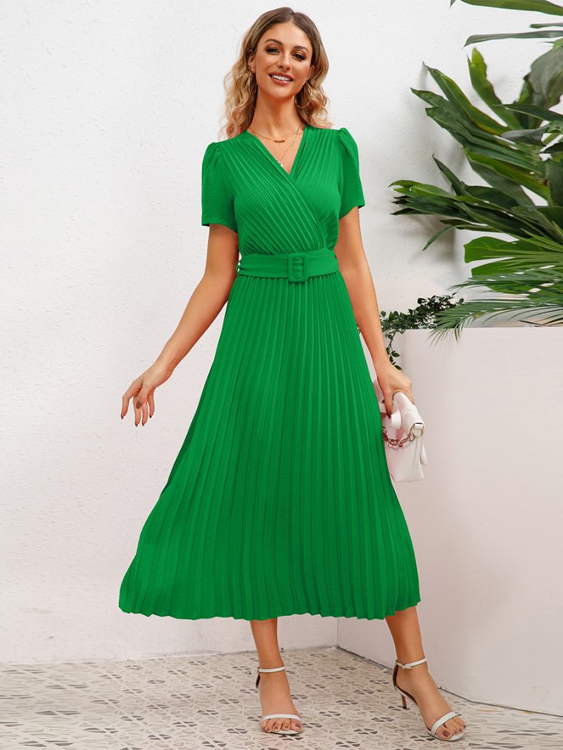 Vestido Festa Feminino Com Decote Em V Mangas Curtas Franzido Linha A Vestidos Midi - Verde