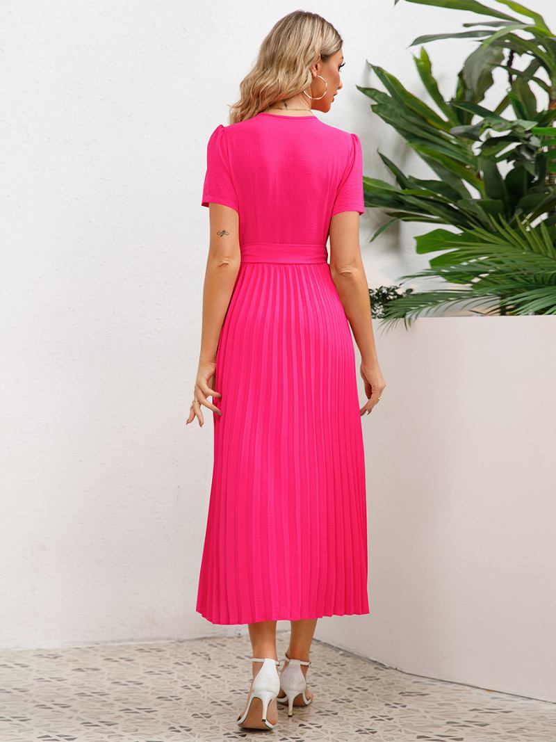 Vestido Festa Feminino Com Decote Em V Mangas Curtas Franzido Linha A Vestidos Midi - Rosa