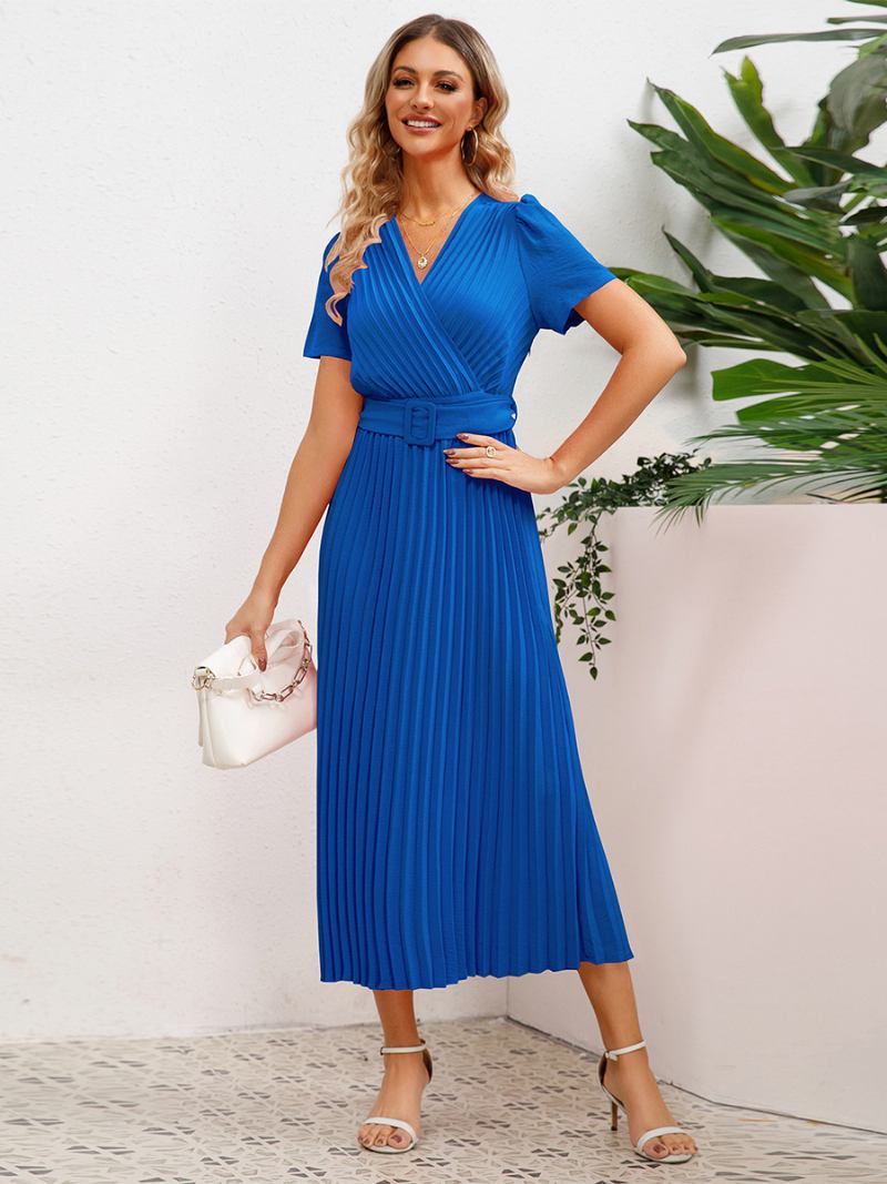 Vestido Festa Feminino Com Decote Em V Mangas Curtas Franzido Linha A Vestidos Midi - Azul