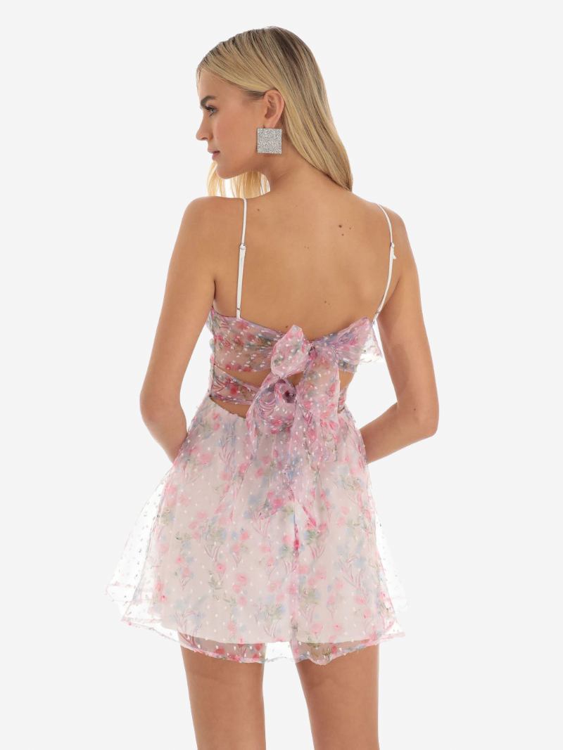 Vestido Festa Feminino Com Estampa Floral Alças Finas Recorte Torcido Na Frente Minivestidos - Rosa