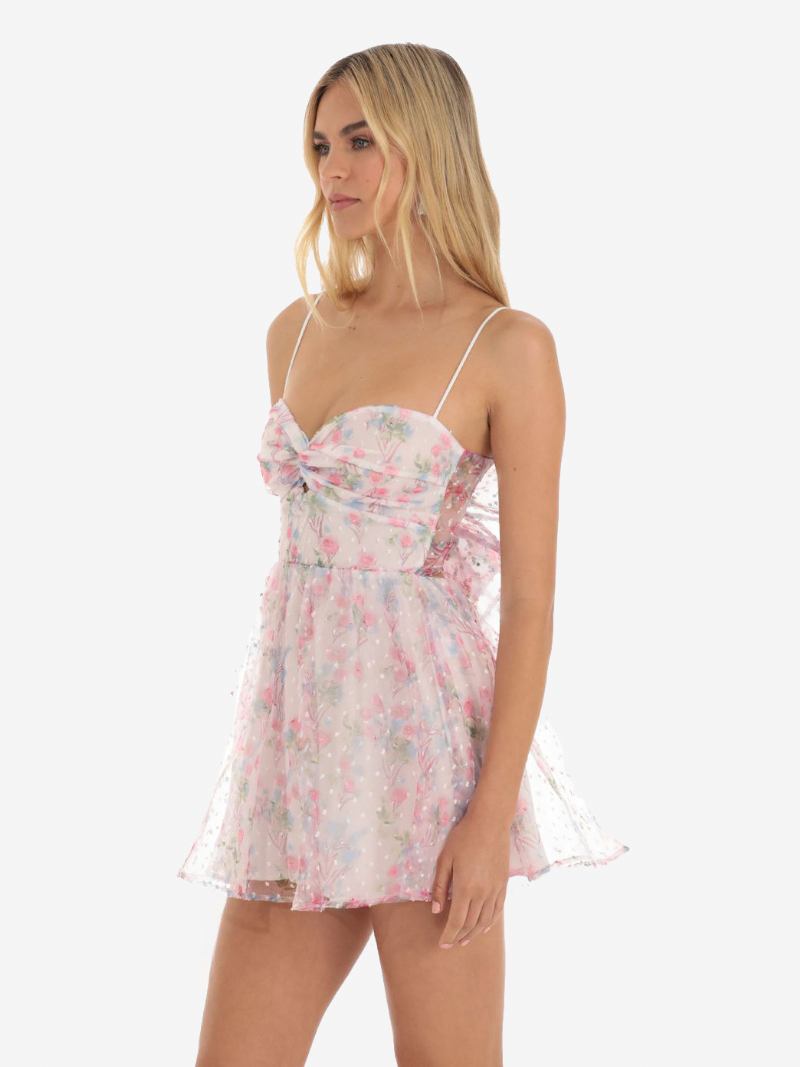 Vestido Festa Feminino Com Estampa Floral Alças Finas Recorte Torcido Na Frente Minivestidos - Rosa