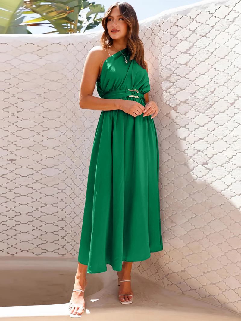 Vestido Festa Feminino Com Um Ombro Sem Mangas Detalhes Metal Vestidos Midi Lisos Assimétricos - Verde