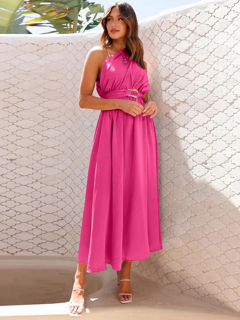 Vestido Festa Feminino Com Um Ombro Sem Mangas Detalhes Metal Vestidos Midi Lisos Assimétricos - Rosa