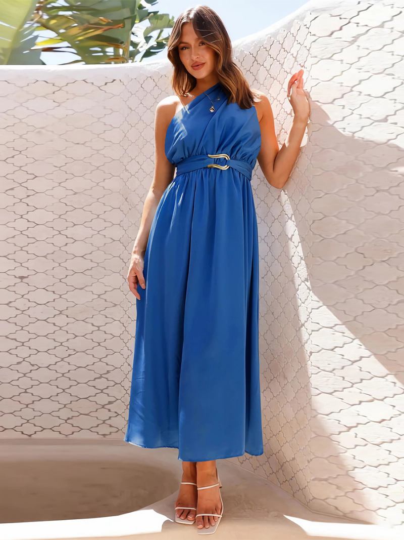 Vestido Festa Feminino Com Um Ombro Sem Mangas Detalhes Metal Vestidos Midi Lisos Assimétricos - Azul