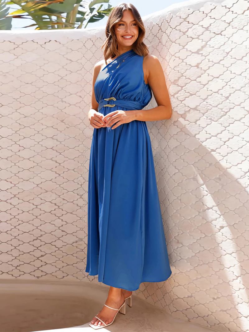 Vestido Festa Feminino Com Um Ombro Sem Mangas Detalhes Metal Vestidos Midi Lisos Assimétricos - Azul