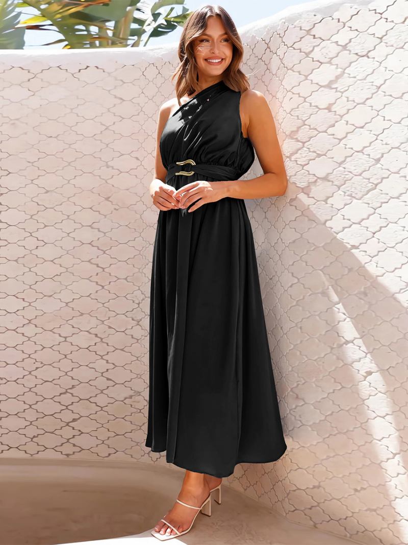 Vestido Festa Feminino Com Um Ombro Sem Mangas Detalhes Metal Vestidos Midi Lisos Assimétricos - Preto