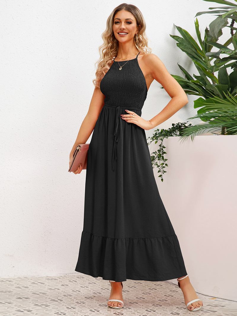 Vestido Festa Feminino Halter Aberto Nas Costas Plissado Na Frente Com Cinto Em Camadas Vestidos Midi