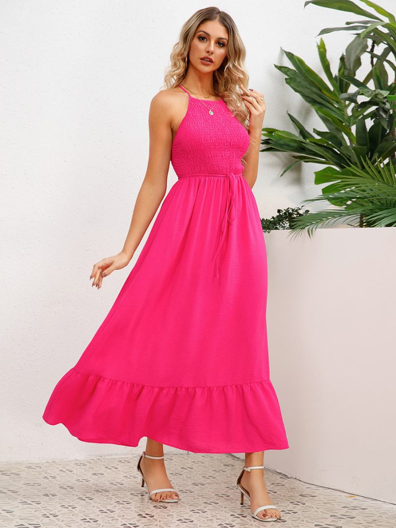 Vestido Festa Feminino Halter Aberto Nas Costas Plissado Na Frente Com Cinto Em Camadas Vestidos Midi - Rosa