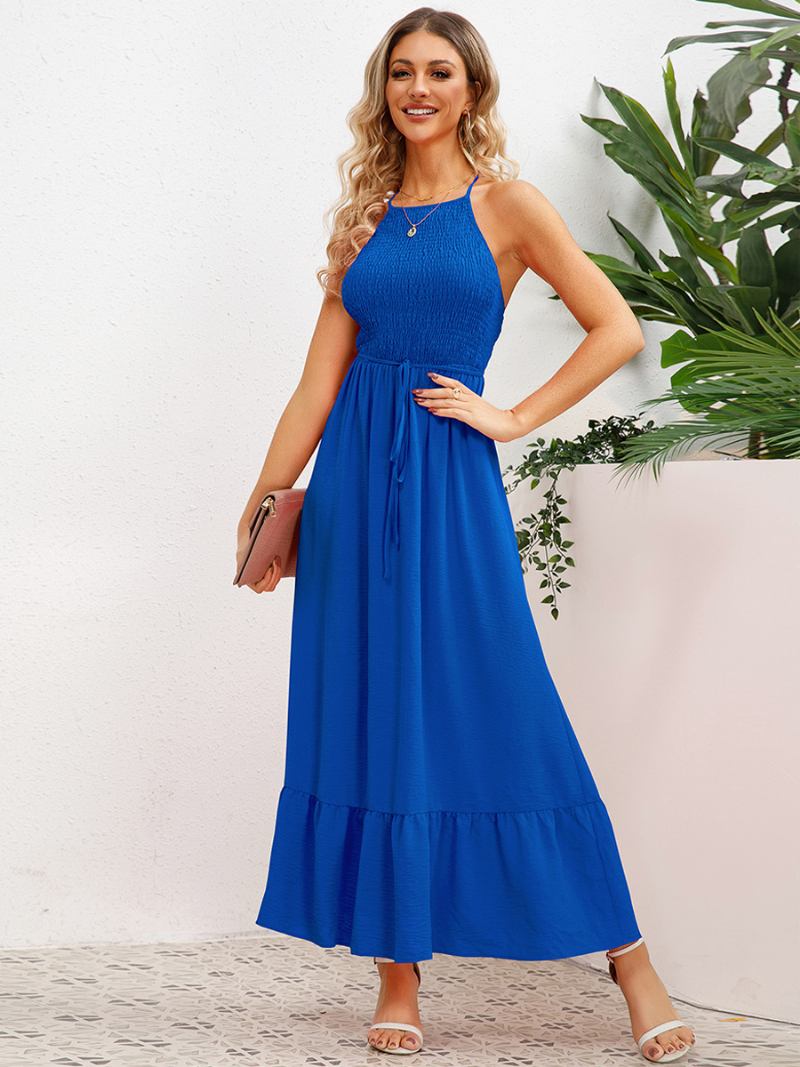 Vestido Festa Feminino Halter Aberto Nas Costas Plissado Na Frente Com Cinto Em Camadas Vestidos Midi - Azul