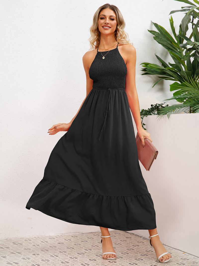 Vestido Festa Feminino Halter Aberto Nas Costas Plissado Na Frente Com Cinto Em Camadas Vestidos Midi - Preto