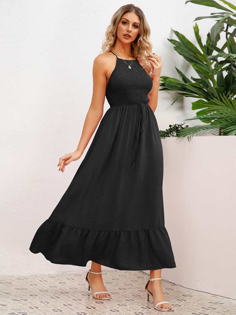 Vestido Festa Feminino Halter Aberto Nas Costas Plissado Na Frente Com Cinto Em Camadas Vestidos Midi - Preto