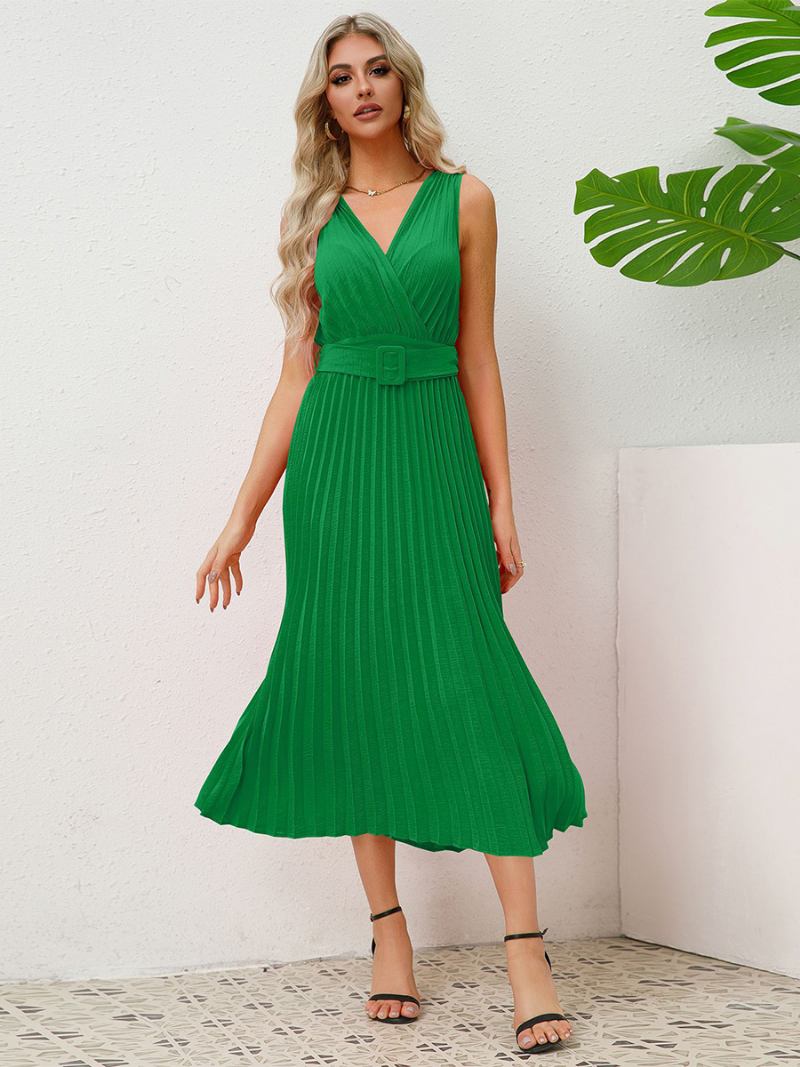 Vestido Festa Feminino Sem Mangas Com Decote Em V Acordeão Cinto Saia Plissada Vestidos Midi - Verde