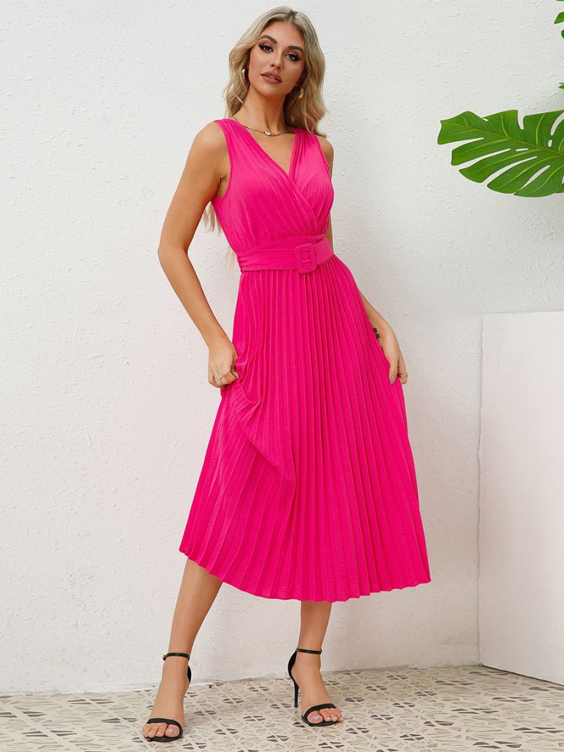 Vestido Festa Feminino Sem Mangas Com Decote Em V Acordeão Cinto Saia Plissada Vestidos Midi - Rosa