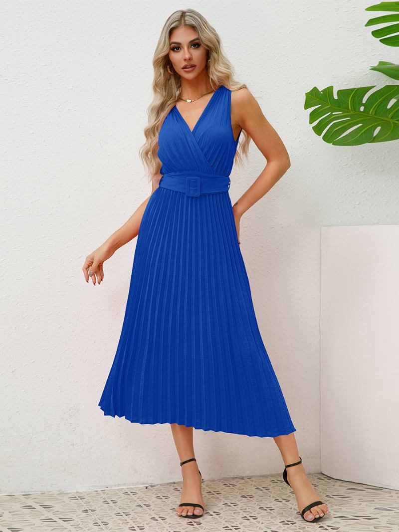 Vestido Festa Feminino Sem Mangas Com Decote Em V Acordeão Cinto Saia Plissada Vestidos Midi - Azul