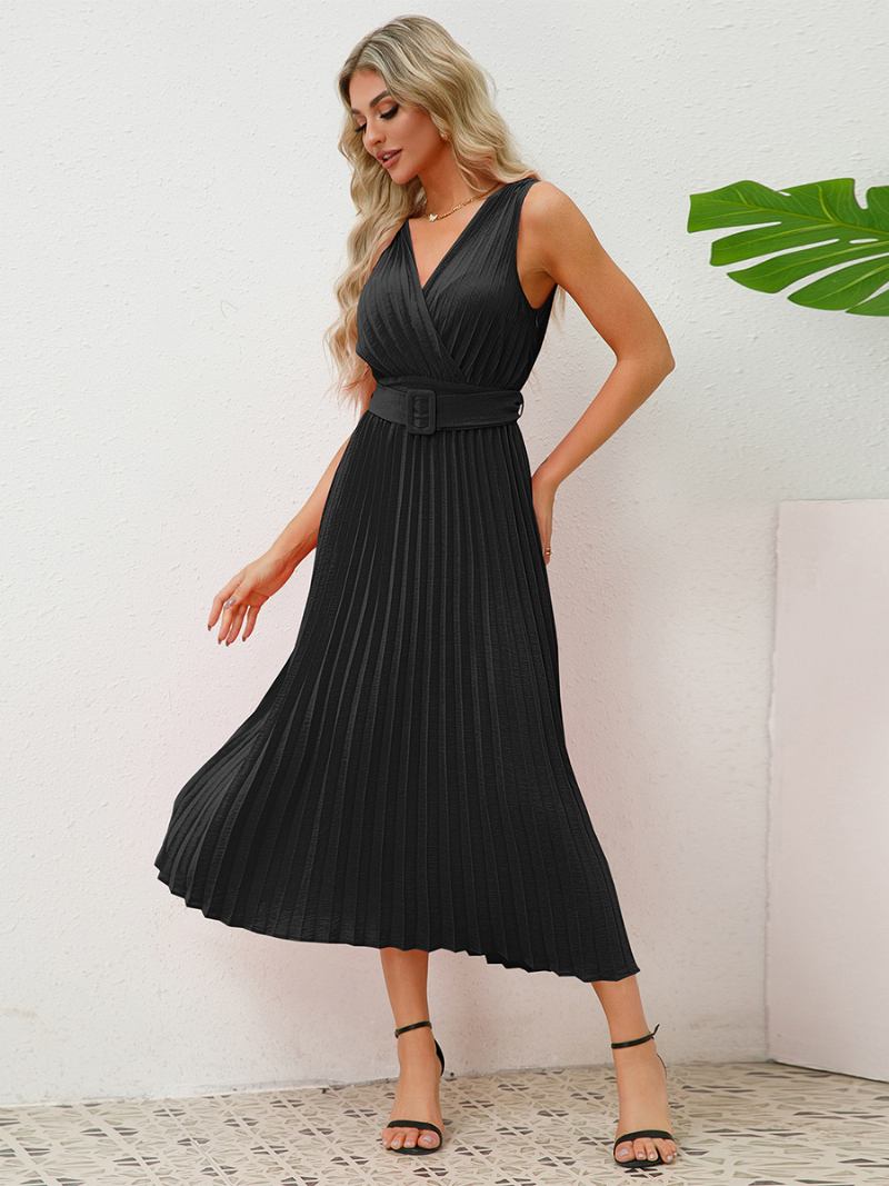 Vestido Festa Feminino Sem Mangas Com Decote Em V Acordeão Cinto Saia Plissada Vestidos Midi - Preto