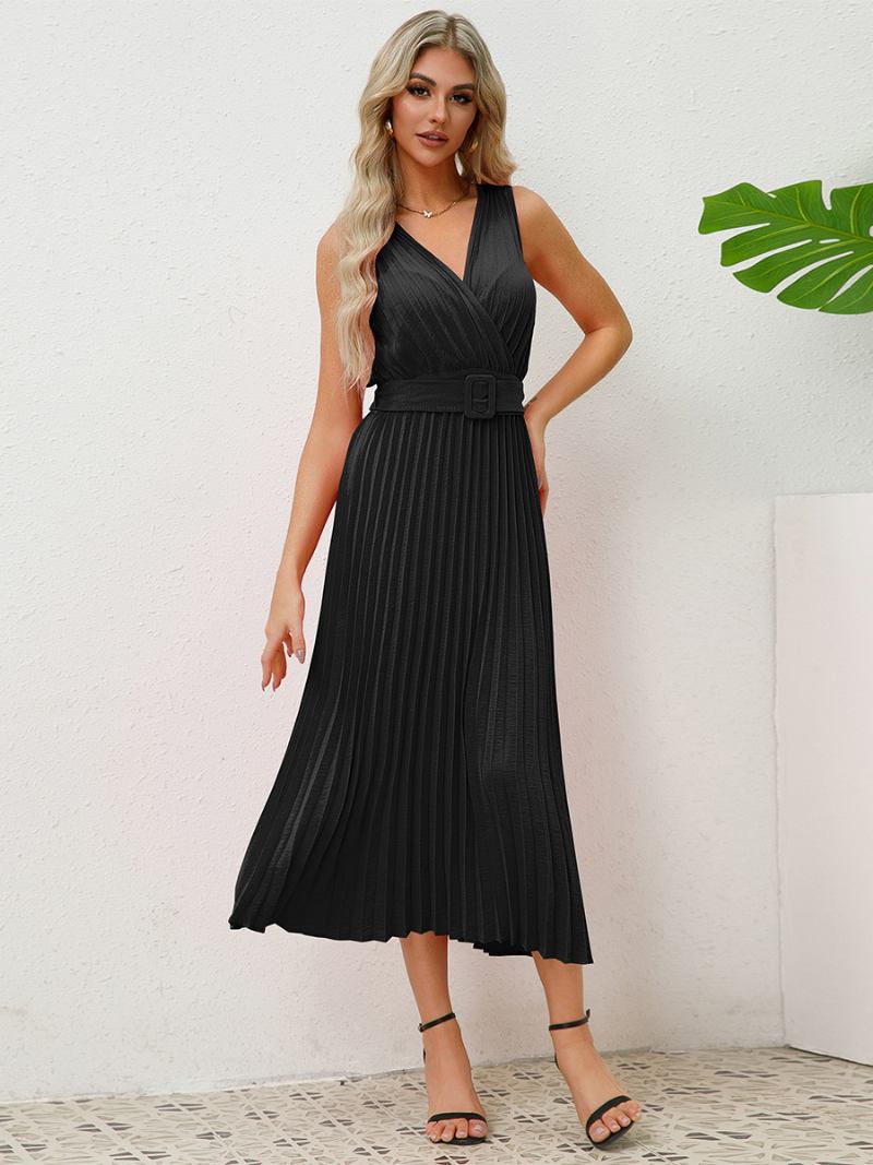 Vestido Festa Feminino Sem Mangas Com Decote Em V Acordeão Cinto Saia Plissada Vestidos Midi - Preto