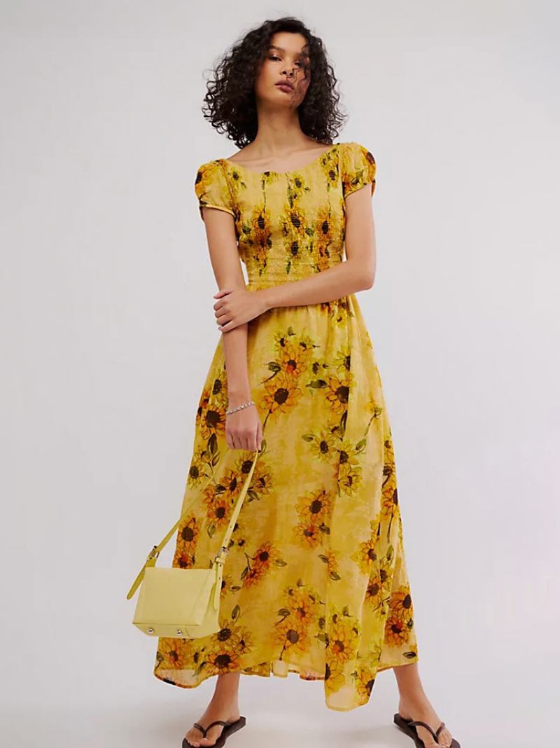 Vestido Floral Feminino Maxi Vestidos Estampa Mangas Curtas Jóia Pescoço Chique Sem Costas Rendas Costura Aberta Longo Verão - Amarelo