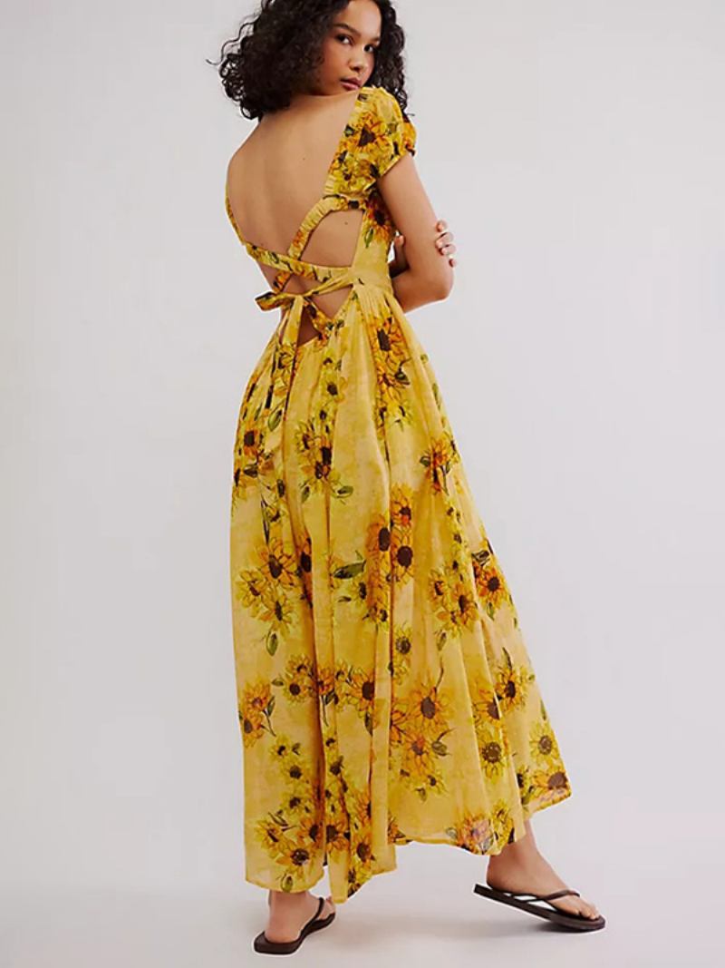 Vestido Floral Feminino Maxi Vestidos Estampa Mangas Curtas Jóia Pescoço Chique Sem Costas Rendas Costura Aberta Longo Verão - Amarelo