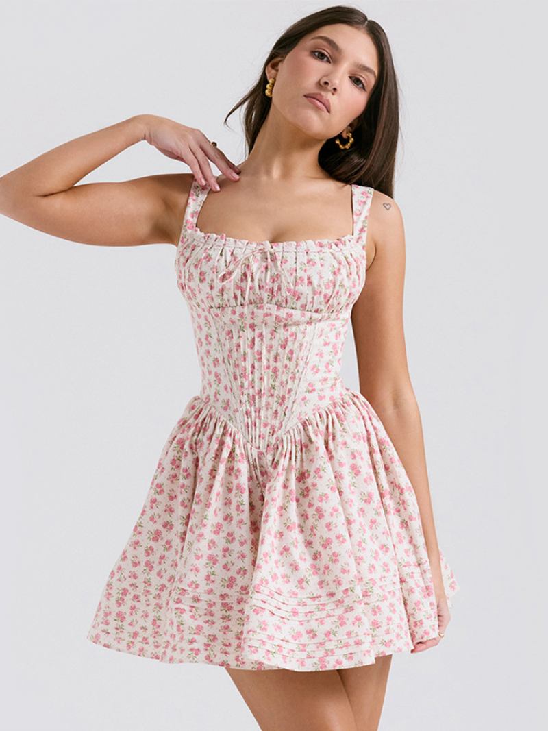 Vestido Floral Feminino Mini Vestidos Estampa Rendas Até Alças Pescoço Sem Costura Aberta Elegante Outono Curto - Rosa