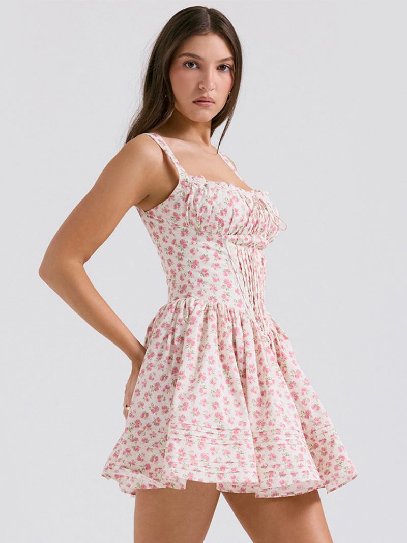 Vestido Floral Feminino Mini Vestidos Estampa Rendas Até Alças Pescoço Sem Costura Aberta Elegante Outono Curto - Rosa