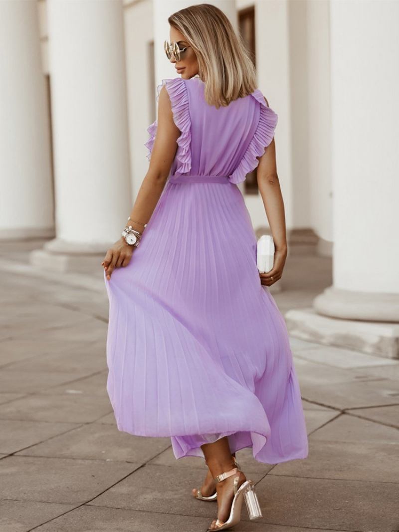 Vestido Maxi Feminino Roxo Com Decote Em V Sem Mangas Cadarço Casual Até O Chão - Roxo