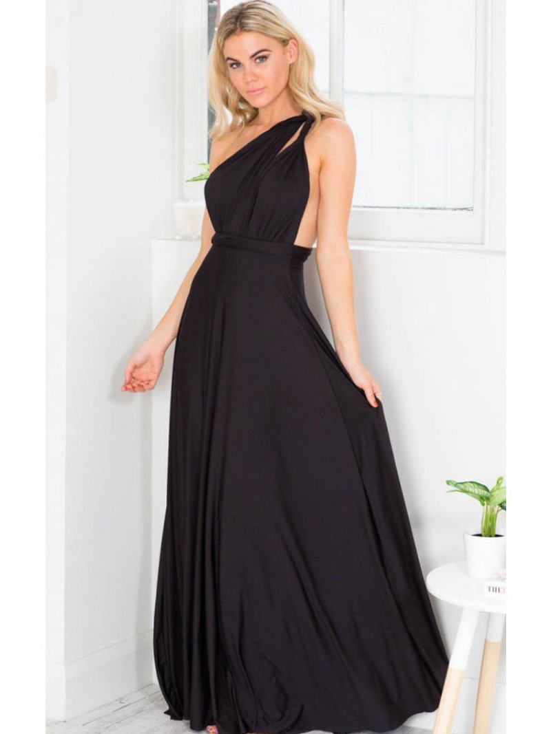 Vestido Maxi Sexy Aniversário Feminino Sem Mangas Decote Profundo Costas Nuas Cor Sólida Baile - Preto